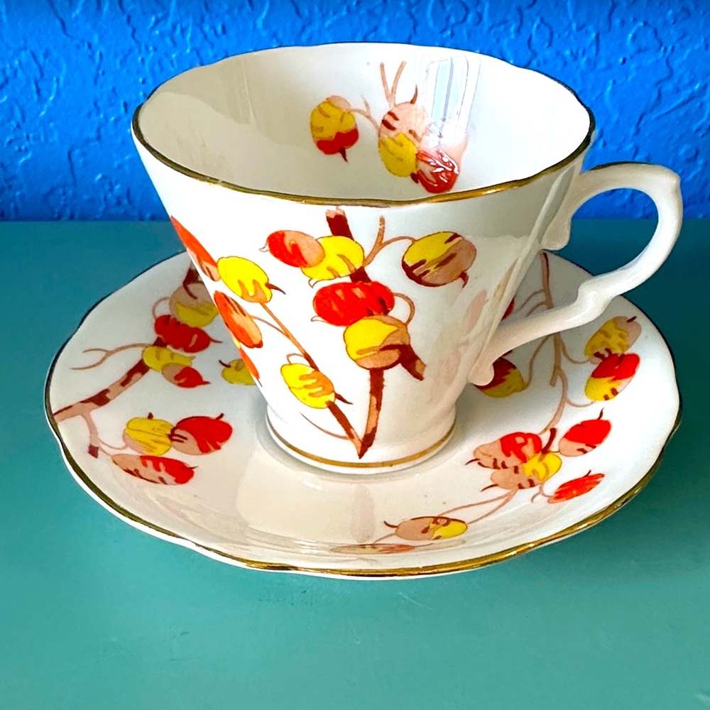 Art Deco Style Bone China Tea Cup with Orange and yellow floral tones